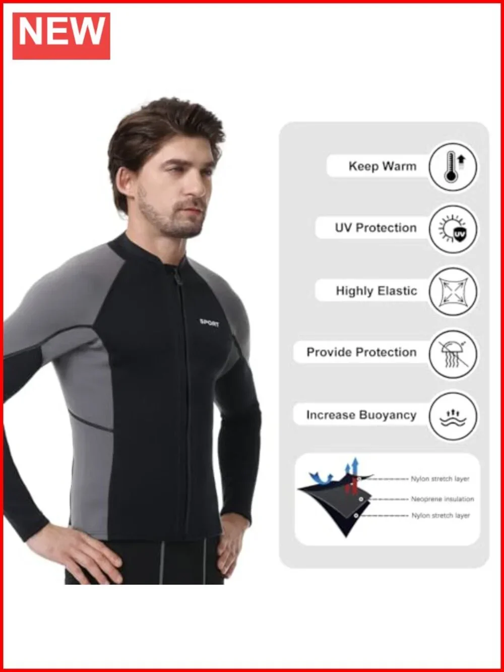 Neoprene Wetsuit Top Long Sleeve Front Zip Swim Surfing Kayak Diving